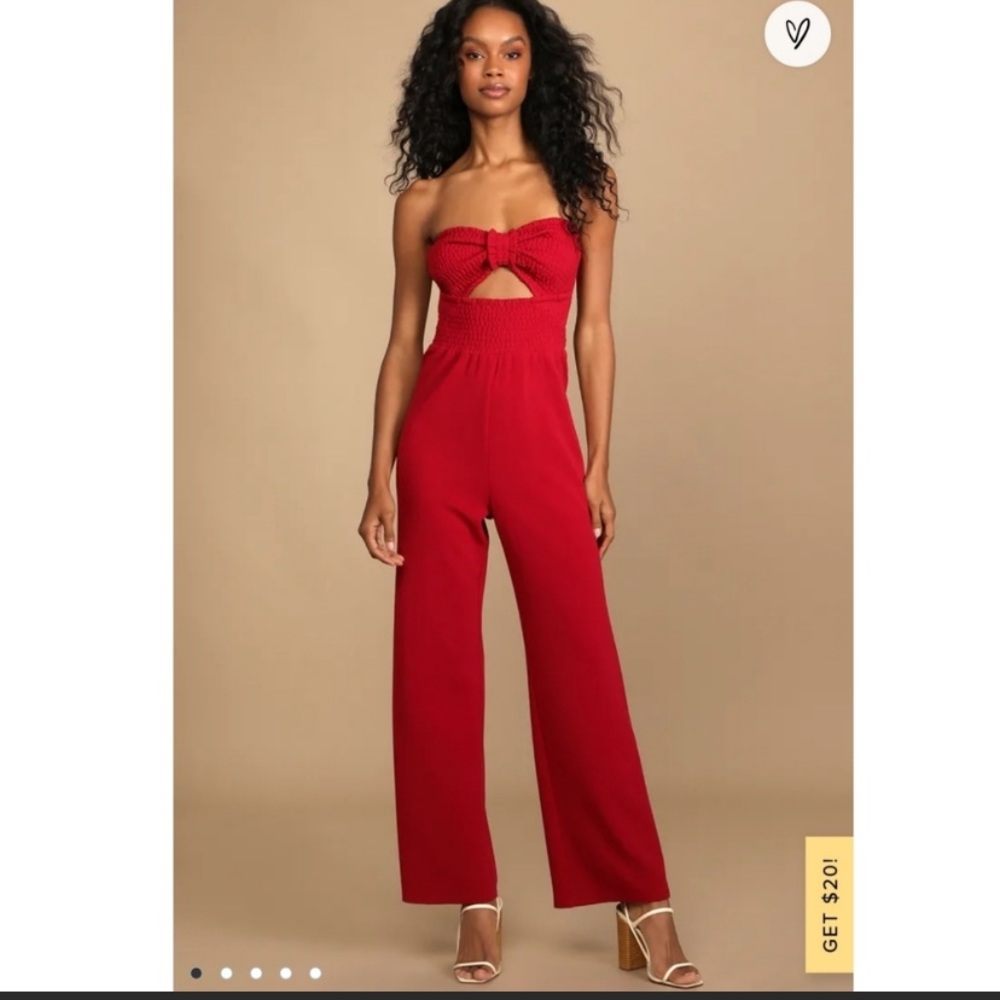 NWT Lulu's Bow Up Brick Red Smocked Strapless Wide-Leg Jumpsuit